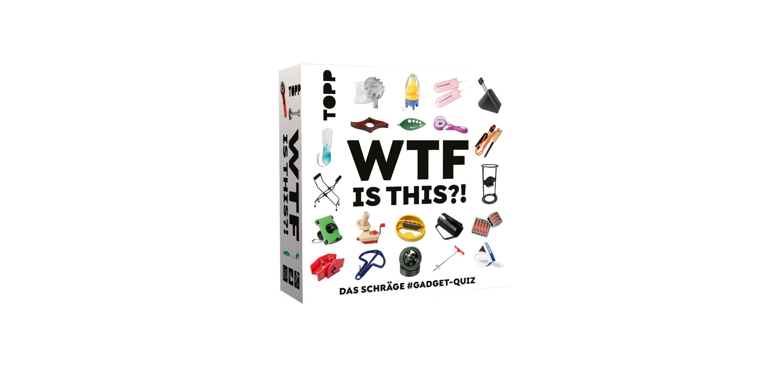 Eine Quizspiel-Box mit dem Titel „WTF IS THIS?!“, auf der Fotos von ungewöhnlichen Geräten und Gegenständen zu sehen sind, die um den Titel herum angeordnet sind.