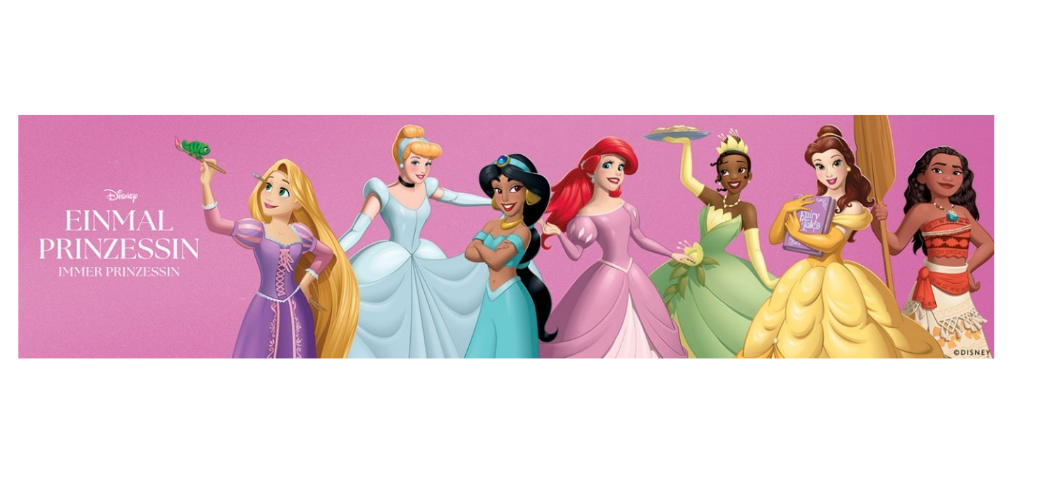 Sieben Disney-Prinzessinnen stehen Seite an Seite vor einem rosa Hintergrund, jede in ihrem typischen Outfit. Der Text lautet: „Einmal Prinzessin, immer Prinzessin.“.