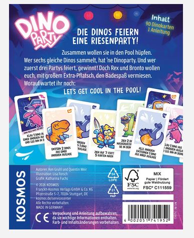 Rückseite der Spielverpackung von „Dino Party“ mit farbenfrohen Dinosaurierkarten, Spielbeschreibungen auf Deutsch, Logos sowie einem Text, der den Inhalt und die Spielanleitung erläutert.