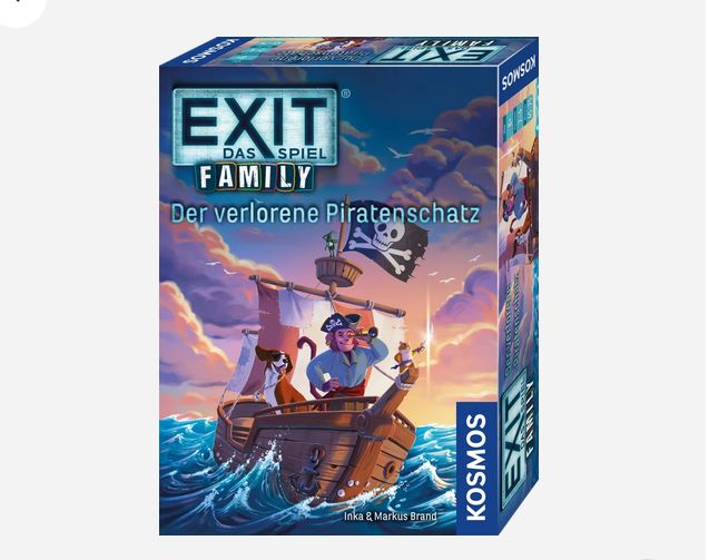 Verpackungsbild von „EXIT Das Spiel Family: Der verlorene Piratenschatz“ mit Comic-Piraten auf einem kleinen Schiff auf hoher See unter schwarzer Piratenflagge, herausgegeben von Kosmos.