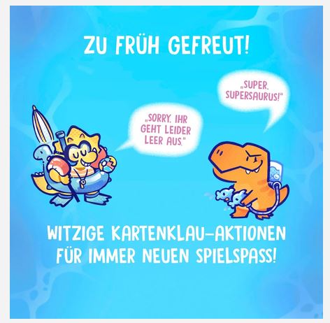 Zwei Zeichentrick-Dinosaurier interagieren miteinander; der eine hält gestohlene Karten und Baby-Dinosaurier in den Händen, während der andere enttäuscht aussieht. Der deutsche Text oben und unten beschreibt eine humorvolle Kartenspielszene.