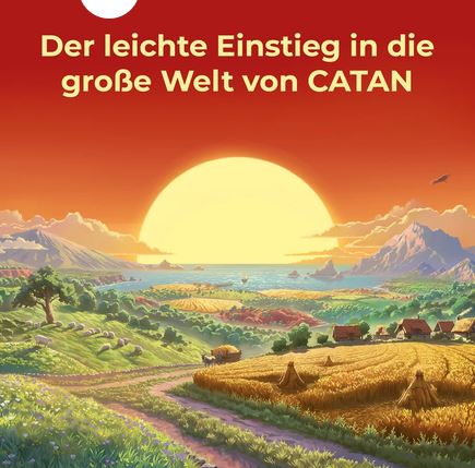 Eine ländliche Landschaft mit Feldern, Häuschen und einer kurvenreichen Straße bei Sonnenuntergang. Der deutsche Text oben lautet: „Der leichte Einstieg in die große Welt von CATAN.“.