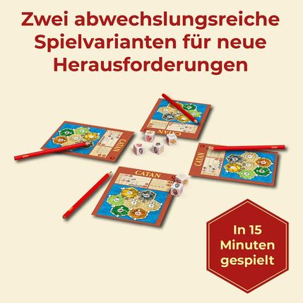 Vier „Catan“-Spielbretter, rote Bleistifte und Würfel sind vor einem cremefarbenen Hintergrund angeordnet, begleitet von einem deutschen Text, der schnelle und abwechslungsreiche Spielmöglichkeiten beschreibt.