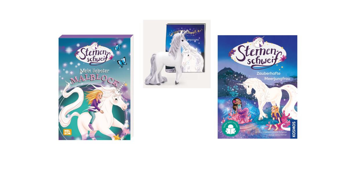 Drei Artikel zum Thema „weißes Einhorn“: ein Malbuch, eine Einhornfigur und ein Buch, in dem ein Einhorn zusammen mit Mädchen in farbenfrohen, zauberhaften Kulissen zu sehen ist.