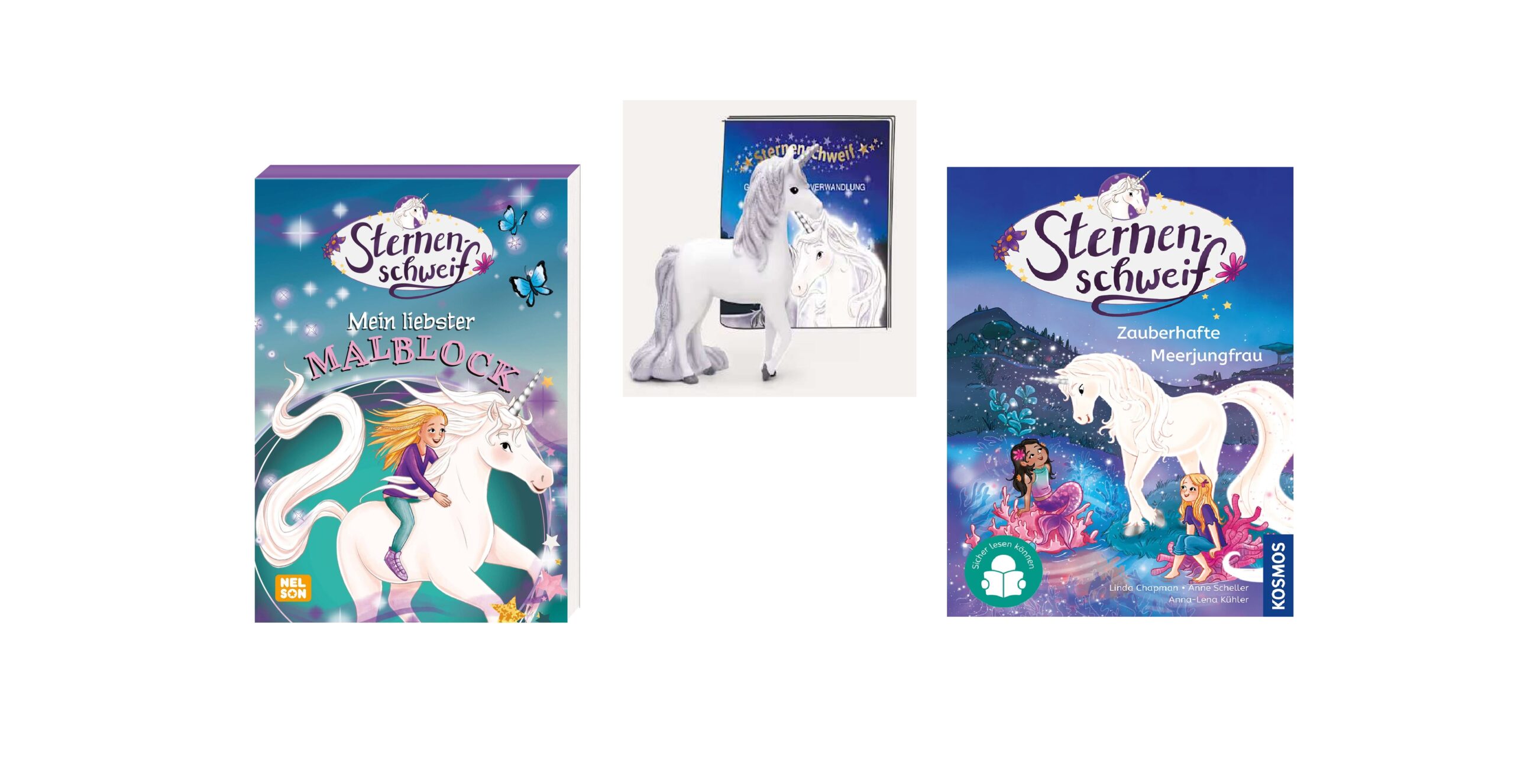 Drei Artikel zum Thema „weißes Einhorn“: ein Malbuch, eine Einhornfigur und ein Buch, in dem ein Einhorn zusammen mit Mädchen in farbenfrohen, zauberhaften Kulissen zu sehen ist.