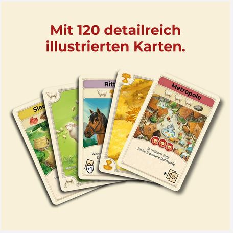 Fünf illustrierte Spielkarten aus einem Kartenspiel sind fächerförmig angeordnet; darüber steht der deutsche Text: „Mit 120 detailreich illustrierten Karten.“.