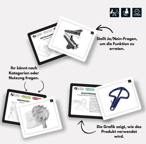 Es werden vier illustrierte Karten mit Küchenutensilien gezeigt. Der Text auf Deutsch erklärt, dass die Spieler Ja-Nein-Fragen stellen oder nach Kategorien fragen, um die Funktion der einzelnen Utensilien zu erraten. Symbole geben Hinweise zu den Spielregeln.