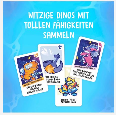 Vier illustrierte Karten zum Thema Dinosaurier mit deutschem Text sind auf blauem Hintergrund unter der Überschrift „Witzige Dinos mit tollen Fähigkeiten sammeln.“ abgebildet.