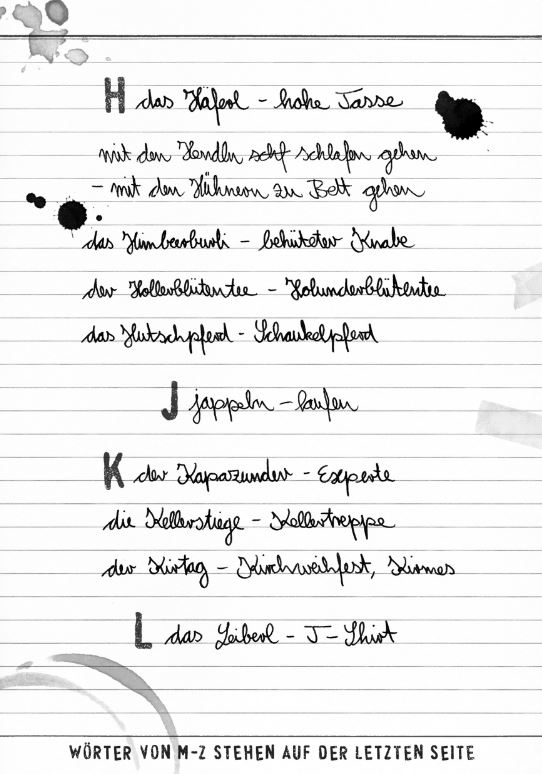 Eine handgeschriebene deutsche Wortliste von H bis L mit Definitionen, verfasst auf liniertem Papier mit schwarzen Tintenspritzern. Die Liste enthält Wörter wie „Häferl“, „Kapuzenmensch“ und „Leibal“.