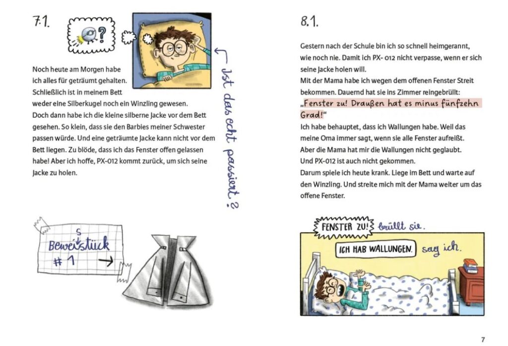 Zwei illustrierte Tagebuchseiten mit deutschem Text, auf denen ein Junge im Bett, ein unordentlicher Schrank und ein Fenster mit der Notiz „minus fünfzehn Grad“ zu sehen sind. Die Seiten sind mit 7 und 8 nummeriert und tragen die Überschriften 7.1 und 8.1.