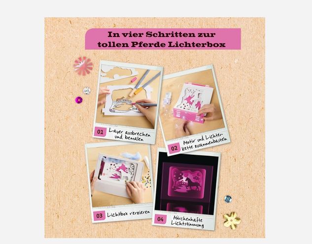 Eine vierstufige Anleitung zum Basteln eines Leuchtkastens mit Pferdemotiv, illustriert mit Fotos der einzelnen Bastelschritte und Dekorationselementen vor einem Korkhintergrund.