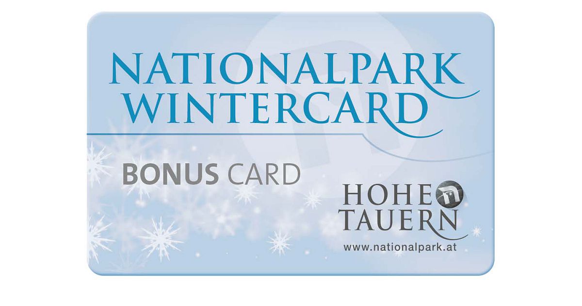 Auf einer rechteckigen Karte ist der Text „Nationalpark Wintercard Bonus Card Hohe Tauern“ mit einem Schneeflockenmotiv und einem Website-Link unten rechts abgebildet.