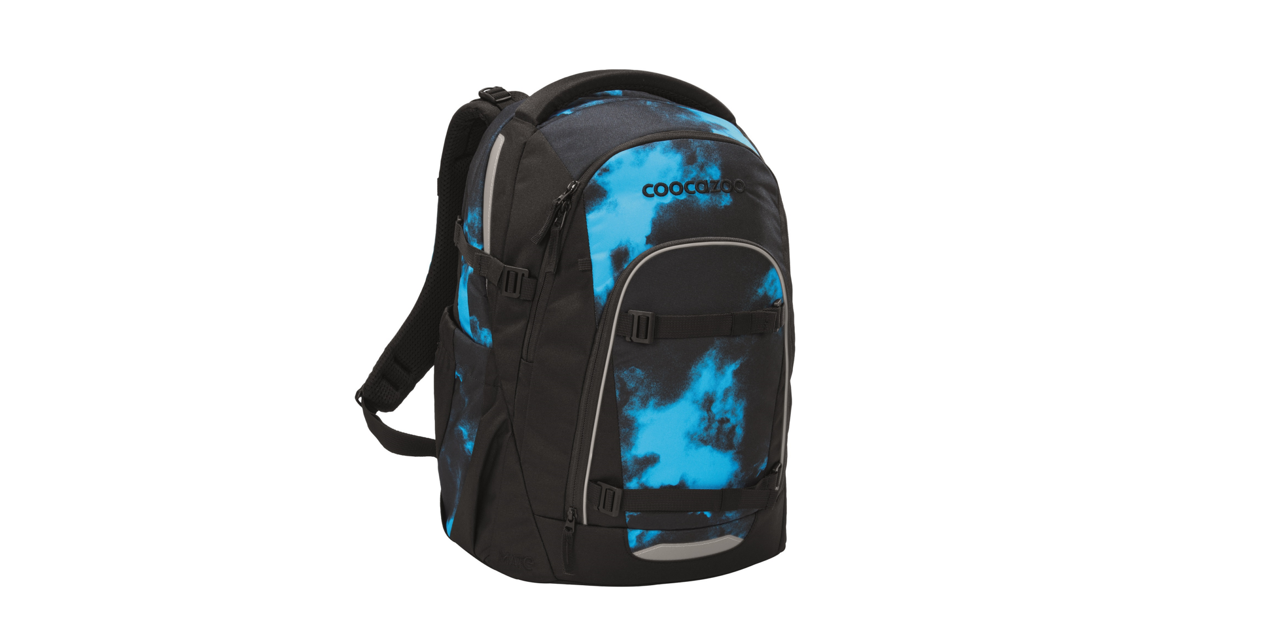 Schwarz-blauer Rucksack im Tie-Dye-Look mit mehreren Fächern mit Reißverschluss, gepolsterten Schultergurten und einem kleinen Griff an der Vorderseite. Auf der vorderen oberen Tasche ist das „COOPARO“-Logo aufgedruckt.