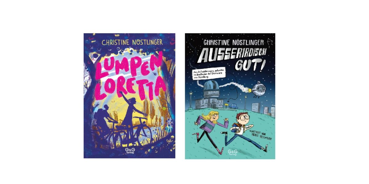 Zwei illustrierte Kinderbuchcover von Christine Nöstlinger: „Lumpenloretta“ mit farbenfroher abstrakter Kunst und „Außerirdisch gut!“, auf dem zwei Kinder auf einem Dach zu sehen sind, während am Himmel ein Raumschiff schwebt.