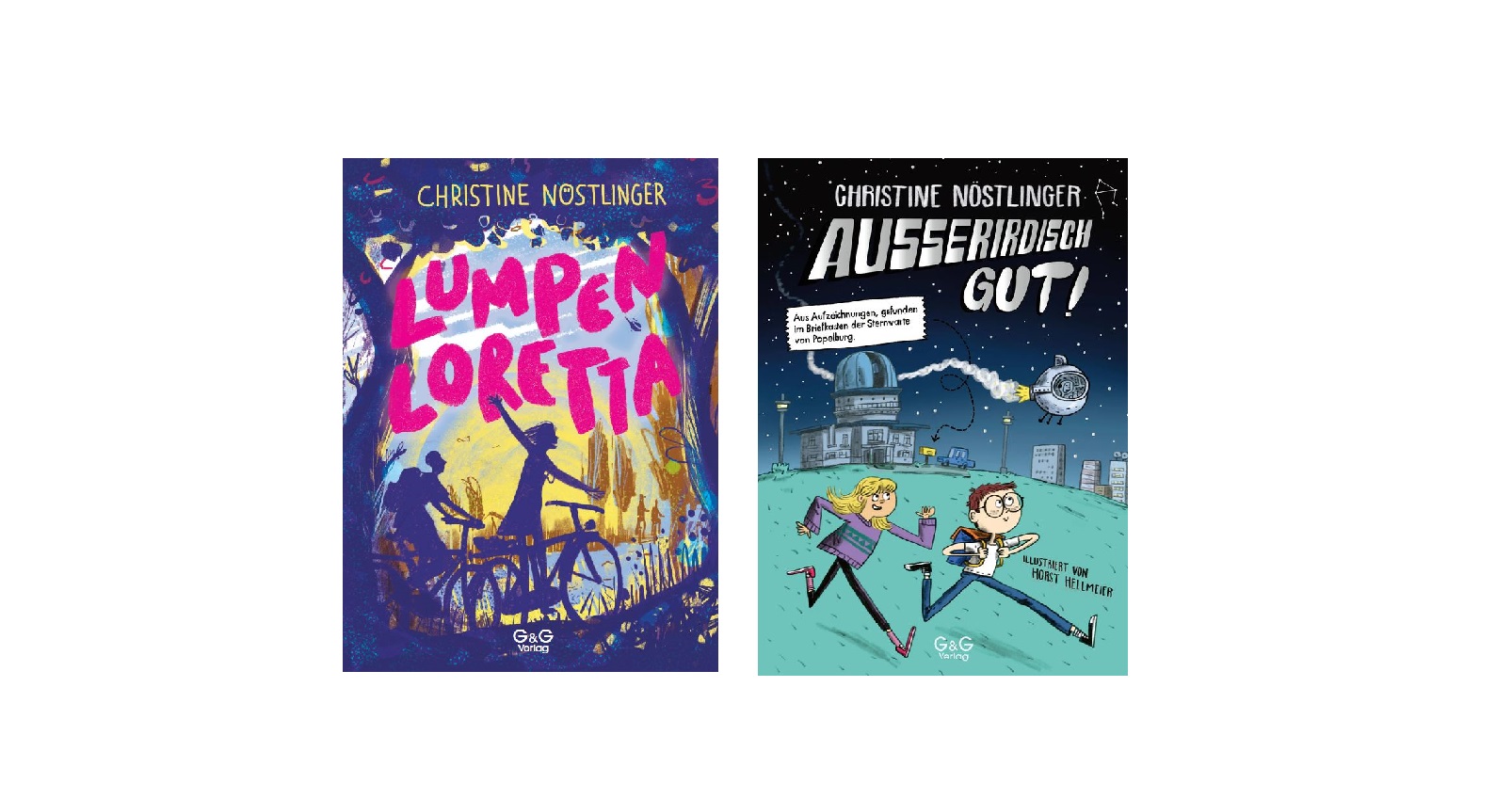 Zwei illustrierte Kinderbuchcover von Christine Nöstlinger: „Lumpenloretta“ mit farbenfroher abstrakter Kunst und „Außerirdisch gut!“, auf dem zwei Kinder auf einem Dach zu sehen sind, während am Himmel ein Raumschiff schwebt.