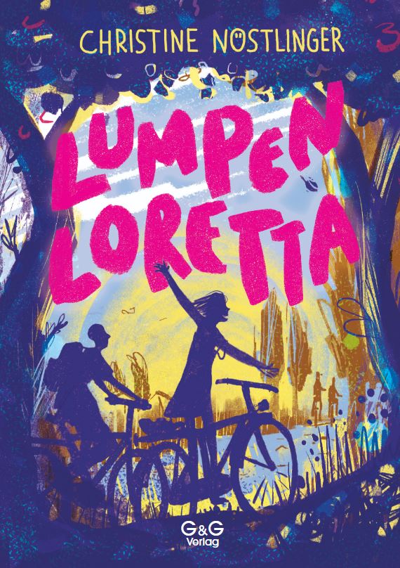 Das Cover von „Lumpenloretta“ von Christine Nöstlinger zeigt die Silhouetten zweier Kinder mit Fahrrädern vor einem farbenfrohen, abstrakten Hintergrund.