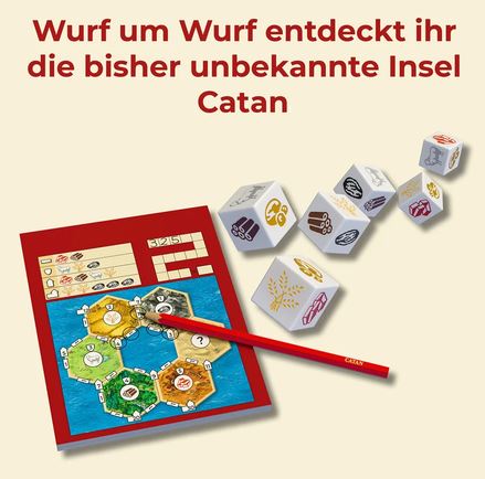 Auf einem beigen Hintergrund sind ein Notizblock mit einer „Catan“-Spielkarte, ein Bleistift und mehrere illustrierte Würfel abgebildet, darüber steht ein deutscher Text.