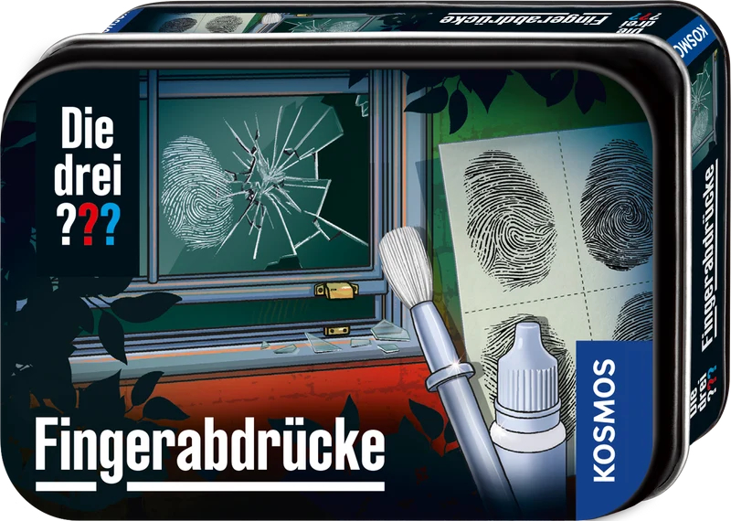 „Die drei ???“ – Forensik-Set „Fingerabdrücke“ in einer Blechdose mit einer Abbildung eines zerbrochenen Fensters, einer Puderpinsel, einem Fläschchen und Karten für Fingerabdruckspuren.