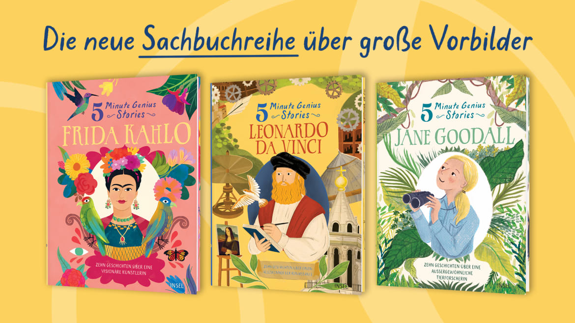 Drei farbenfrohe Kinderbücher über Frida Kahlo, Leonardo da Vinci und Jane Goodall sind nebeneinander mit deutschen Titeln und illustrierten Einbänden ausgestellt.