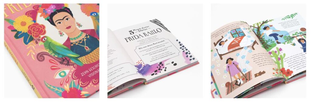 Es wird ein farbenfrohes Kinderbuch über Frida Kahlo gezeigt; zu sehen sind der Einband, die Titelseite sowie illustrierte Innenseiten mit Text und Zeichnungen von Frida und verschiedenen Szenen.