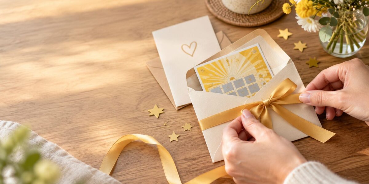 Hände, die ein goldenes Band um einen Umschlag binden, in dem sich eine dekorative Karte mit einem Sonnenmotiv befindet.
