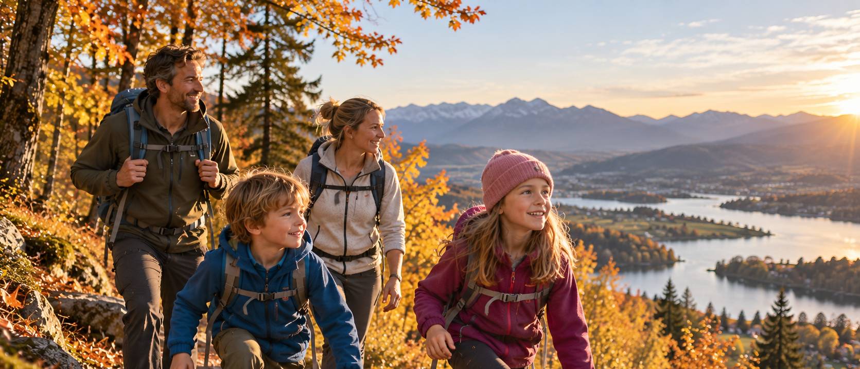 Eine vierköpfige Familie wandert bei Sonnenuntergang auf einem Hügel mit Blick auf einen See und die Berge.