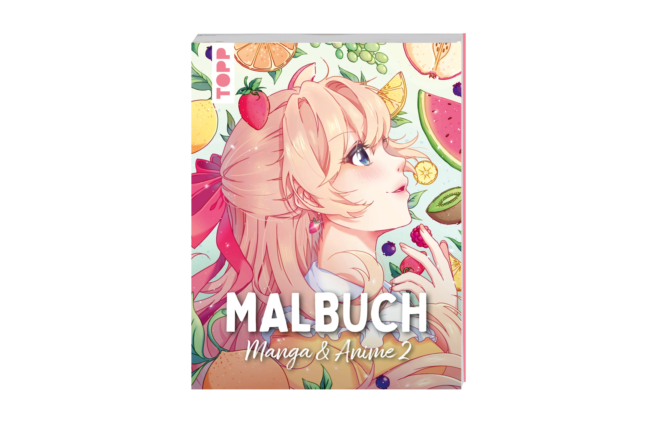 Ein Malbuch mit dem Titel „MALBUCH Manga & Anime 2“, das eine Illustration im Anime-Stil zeigt: ein Mädchen mit Obst und einer Erdbeere im Haar vor einem farbenfrohen Obsthintergrund.