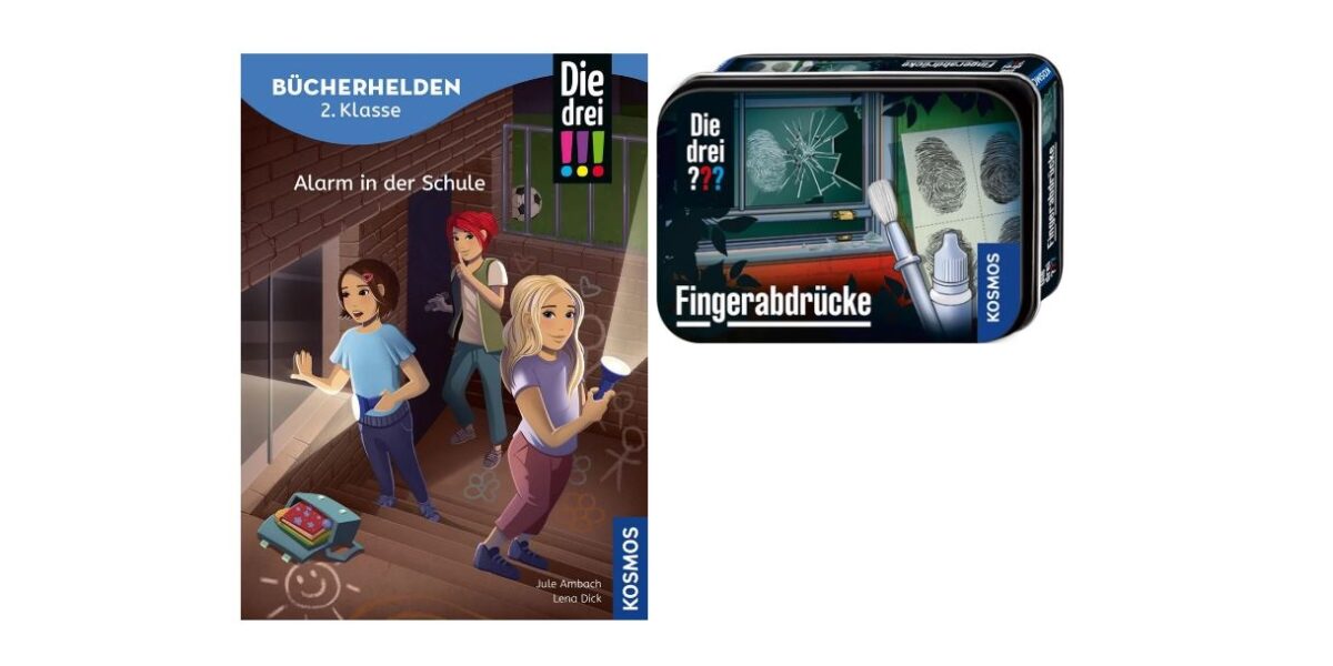 Das Kinderbuch „Die drei ???“ mit dem Titel „Alarm in der Schule“ und ein Forensik-Set zum Thema „Fingerabdrücke“.