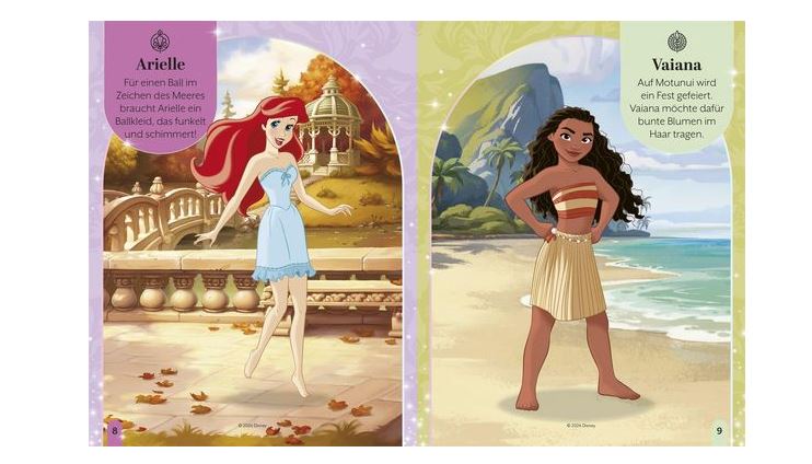Illustration von Ariel in einem blauen Kleid auf einer Terrasse und von Moana in einem Rock und einem Oberteil am Strand, mit einer beschreibenden deutschen Textzeile zu jeder Figur.