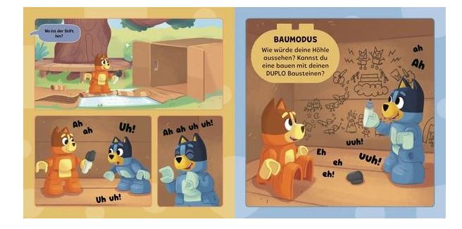 Eine Seite aus einem „Bluey“-Kinderbuch, auf der Bluey und Bingo als LEGO-Figuren zu sehen sind, die in einer Höhle aus einem Karton bauen und spielen.