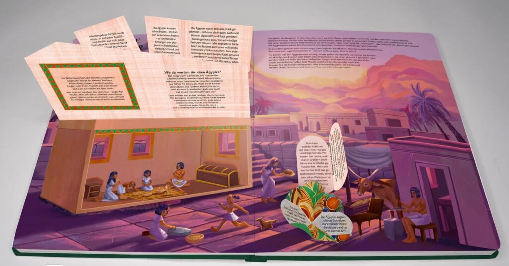 Ein offenes Geschichtsbuch für Kinder über das alte Ägypten mit Illustrationen zum Alltag und Spalten mit deutschem Text.