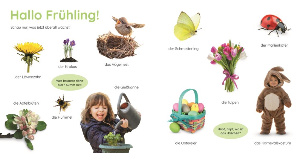 Ein pädagogisches Kinderplakat mit dem Titel „Hallo Frühling!“, das Motive zum Thema Frühling zeigt, darunter ein Kind, das eine Pflanze gießt, ein Vogelnest und ein Hasenkostüm.