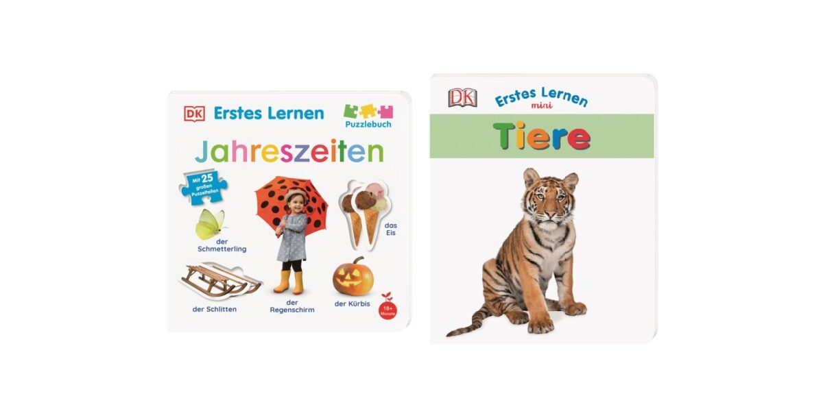 Zwei DK-Kinderbücher: „Jahreszeiten“ mit Bildern zu den Jahreszeiten und „Tiere“ mit einem Tiger.