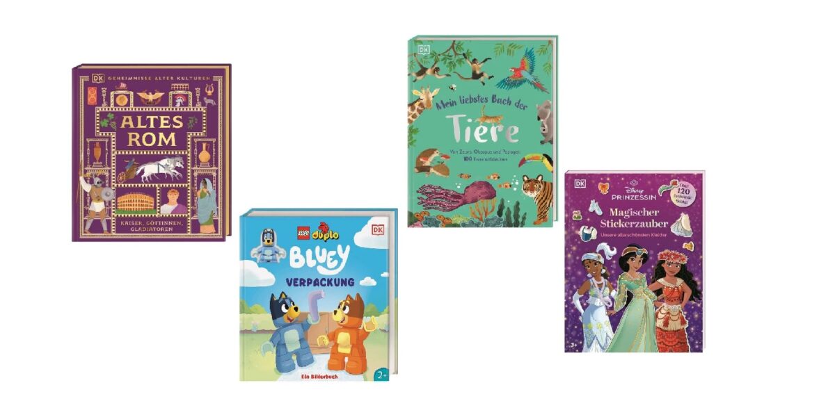Vier DK-Kinderbücher mit den Titeln „Altes Rom“, „Mein liebstes Buch der Tiere“, „Bluey“ und „Disney-Prinzessin – Magischer Stickerzauber“.