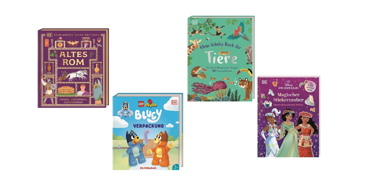 Vier DK-Kinderbücher mit den Titeln „Altes Rom“, „Mein liebstes Buch der Tiere“, „Bluey“ und „Disney-Prinzessin – Magischer Stickerzauber“.