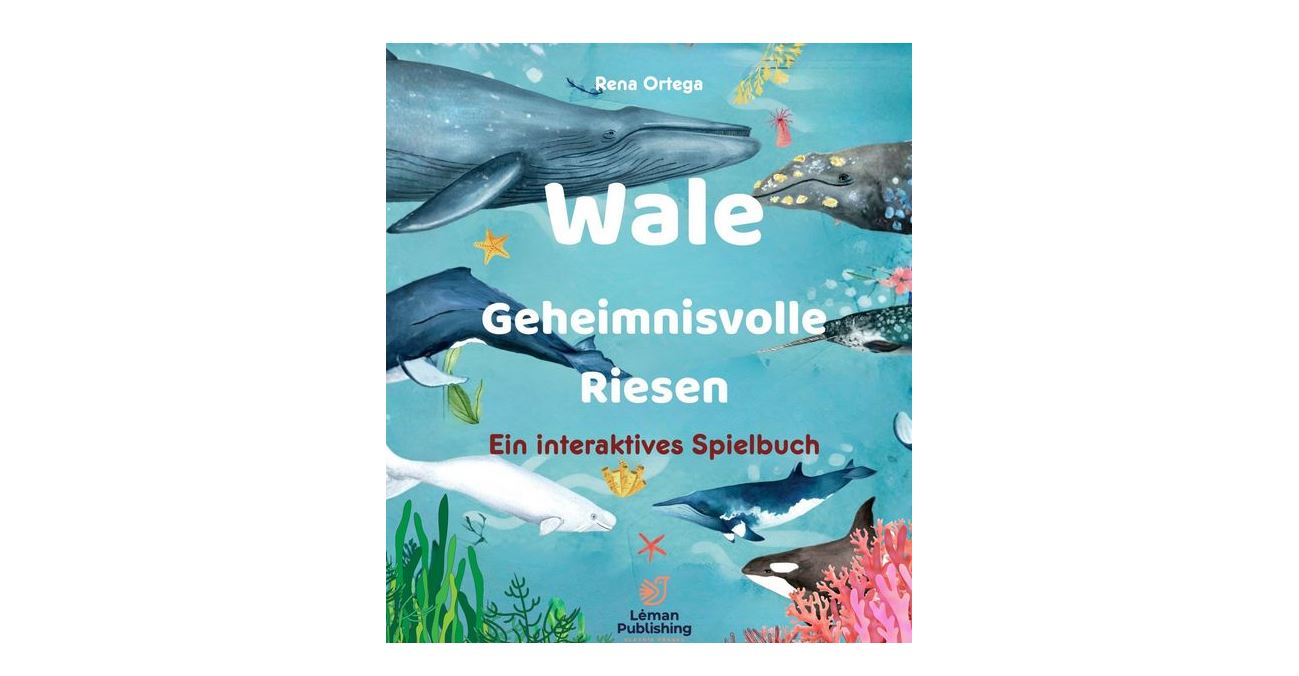 Buchcover für „Wale: Geheimnisvolle Riesen“, ein interaktives Buch mit Illustrationen verschiedener Walarten im Ozean.