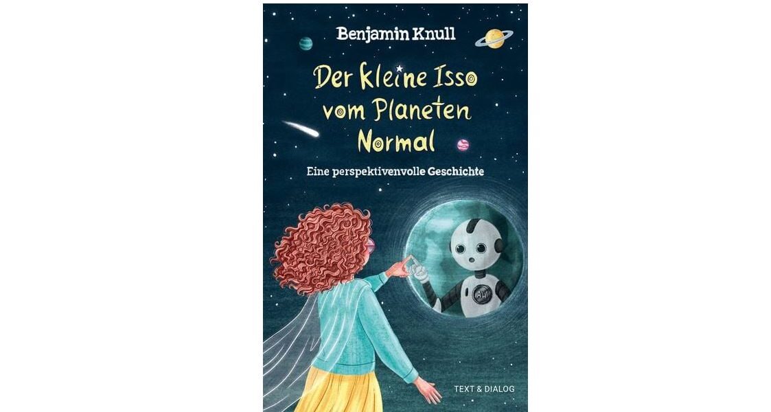 Buchcover, auf dem ein Mädchen in einem Umhang zu sehen ist, das die Hand nach einem kleinen Roboter in einer Raumblase vor einem Sternenhimmel ausstreckt.