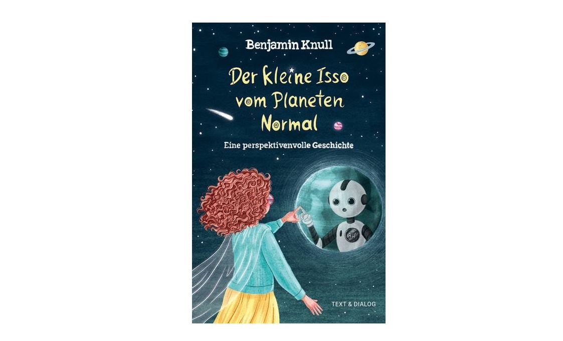 Buchcover, auf dem ein Mädchen in einem Umhang zu sehen ist, das die Hand nach einem kleinen Roboter in einer Raumblase vor einem Sternenhimmel ausstreckt.